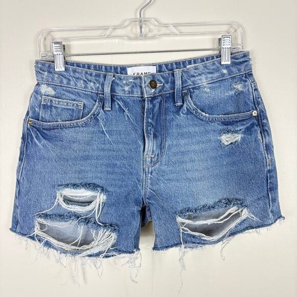 Frame Blue Mid Rise Relaxed Fit Le Grand Garcon Shorts in Montgrove Rips - Picture 1 of 10